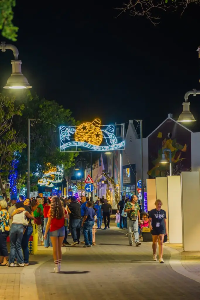 Light installation arching over the street in San Nicolas