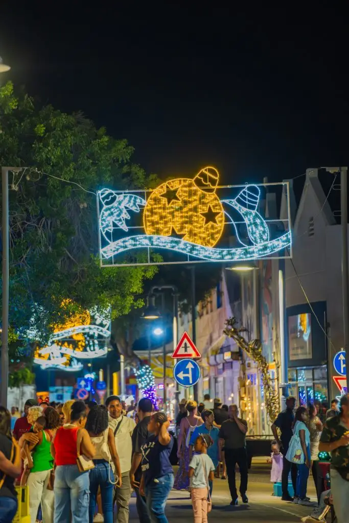 San Nicolas lit up at night during the Aruba Christmas Fair 2025