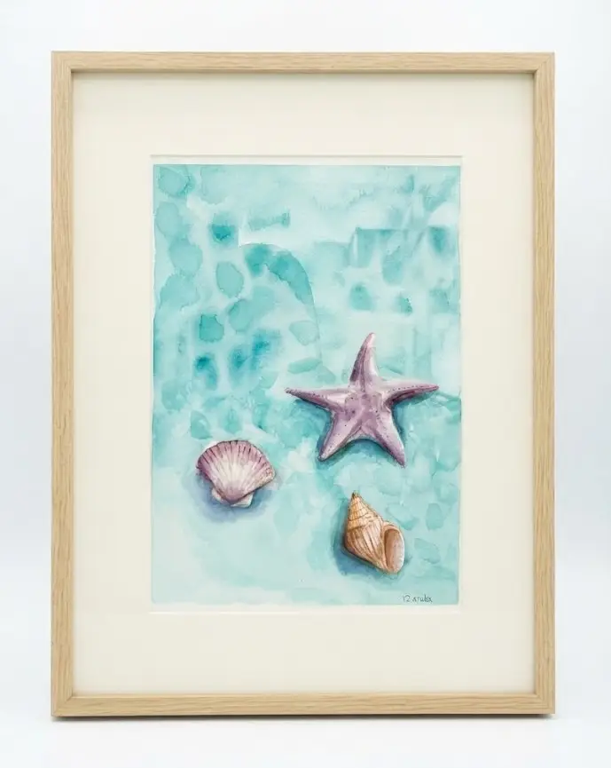 Shells on the shore by Vivian Damke, original art from Aruba